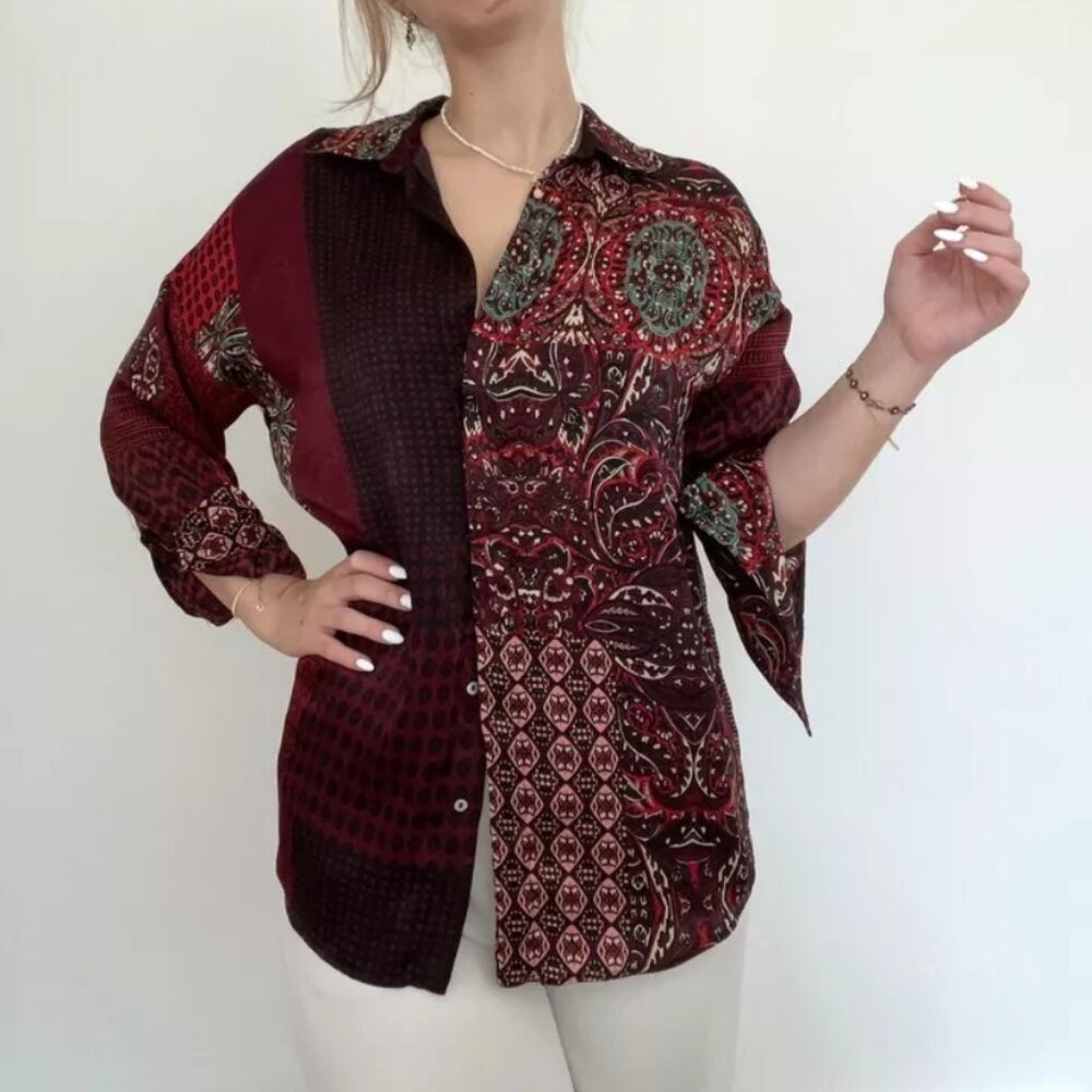 NWOT Zara Basic Women's Red Long Sleeve Patchwork Blouse Top Size Small